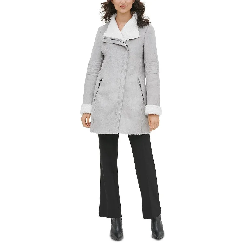 soft touch sherpa coat for women -Calvin Klein Women's Faux-Shearling Coat Silver Size Medium