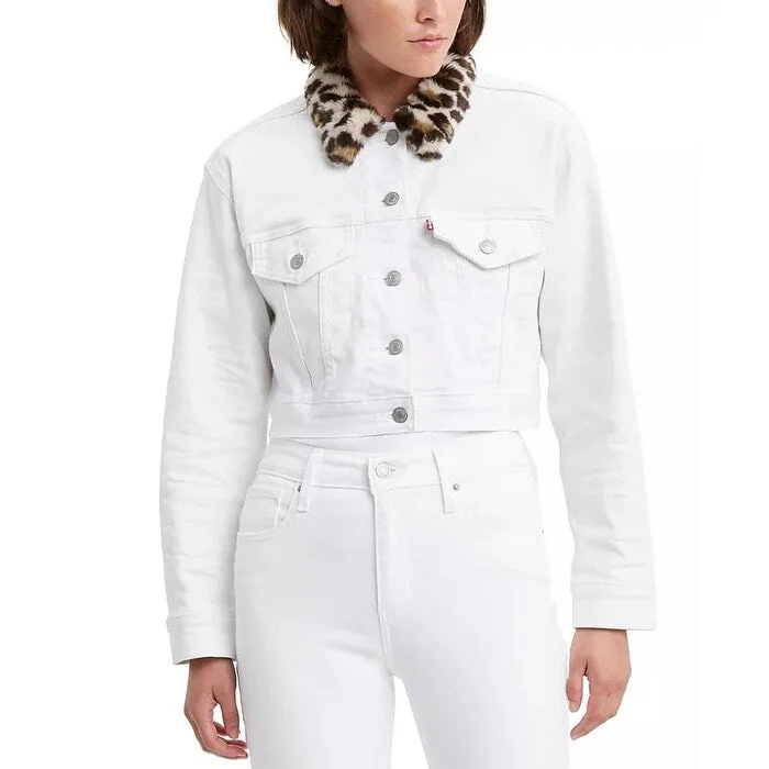 women's slim fit blazer -Levi's Women's Limited Cropped Denim Trucker Jacket White Size Small