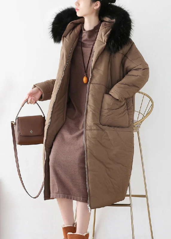 elegant wool cape for women -Coffee Zippered Thick Hooded Maxi Parka Winter