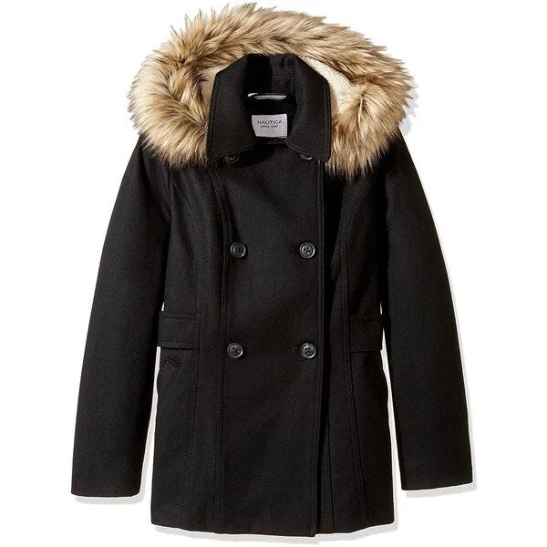 trendy plaid coat for women -Nautica Faux-Fur-Trim Hooded Wool Peacoat Black Large - L