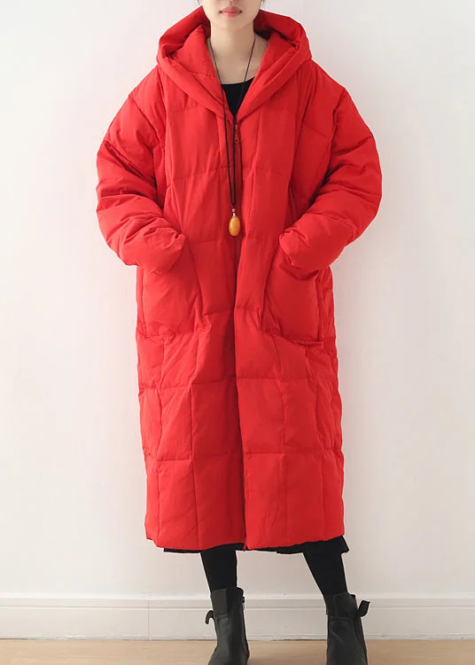 fashionable metallic puffer jacket for women -Red Zippered Pockets Hooded Down Coat Long Sleeve