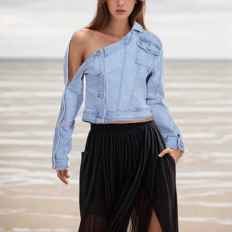 stylish leather jacket for women -Retro off-the-shoulder blue denim jacket Top Jean Coat