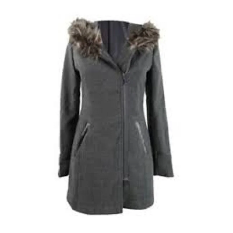 women's relaxed boyfriend blazer -Maralyn & Me Juniors' Plus Size Asymmetrical-Zip Faux-Fur-Trim Hooded Coat Gray Size 2X - 2X Aver