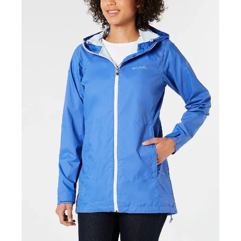 ladies' fleece zip-up jacket -Columbia Women's Long Lined Rain Jacket Turq Aqua Size Large