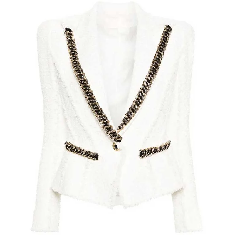 stylish knitted jacket for women -Women Single Breasted White Tweed Blazer