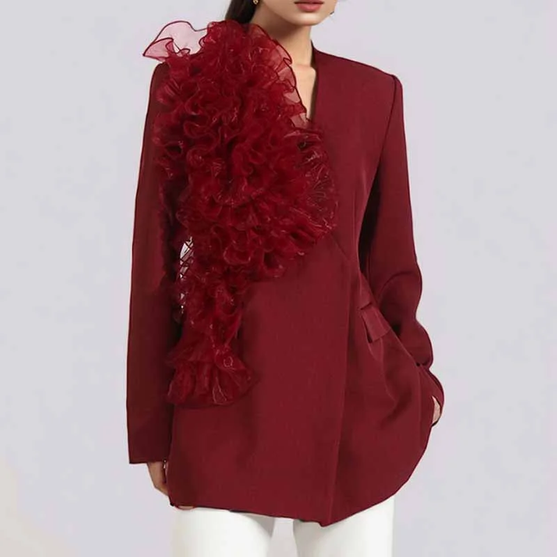 cozy oversized wrap coat for women -Women's Burgundy Blazer With Flounce Jacket