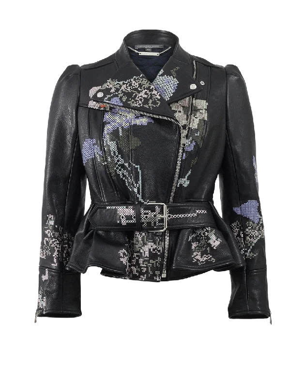 ladies' sporty windbreaker -Cross-Stitch Peplum Leather Jacket