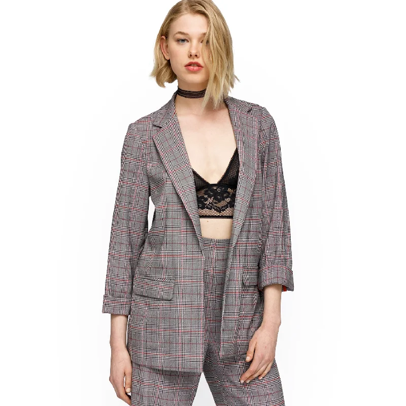 sleek satin bomber jacket for women -Women's Multi Glen Plaid Blazer In Grey Plaid