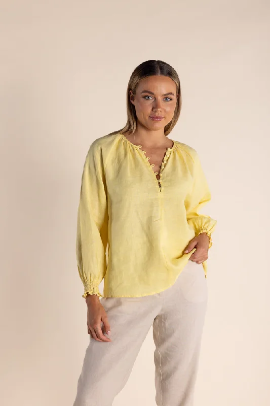 classic polo collar blouse for women -Linen Button Front Top - Buttermilk