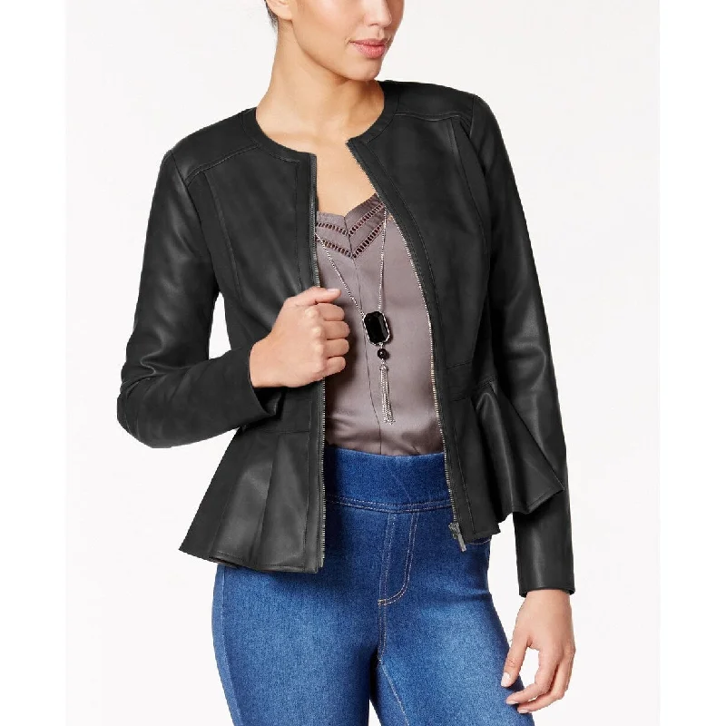 ladies' puffer jacket -Thalia Sodi Women's Faux-Leather Peplum-Hem Jacket Black Size Small