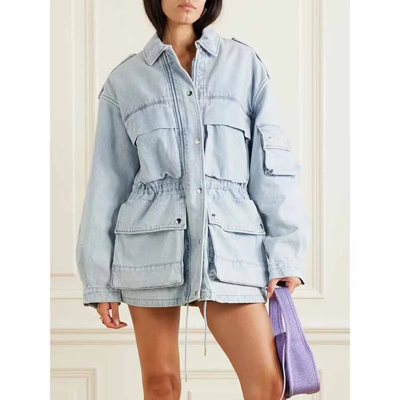 trendy plaid coat for women -Medium length denim jacket with pockets for women