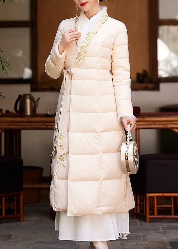 women's fur-trimmed parka -Chinese Style Apricot Embroideried Lace Up Patchwork Duck Down Coat Winter