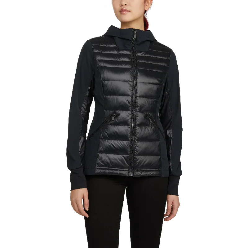 sleek satin bomber jacket for women -Pajar Women's Cressy Mixed Media Channel Quilted Stretch Puffer