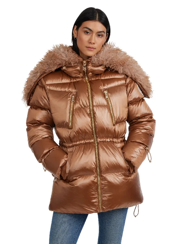 ladies' longline puffer coat -Pajar Women's Electra Mid Puffer with Detachable Sherpa Lined Split Hood