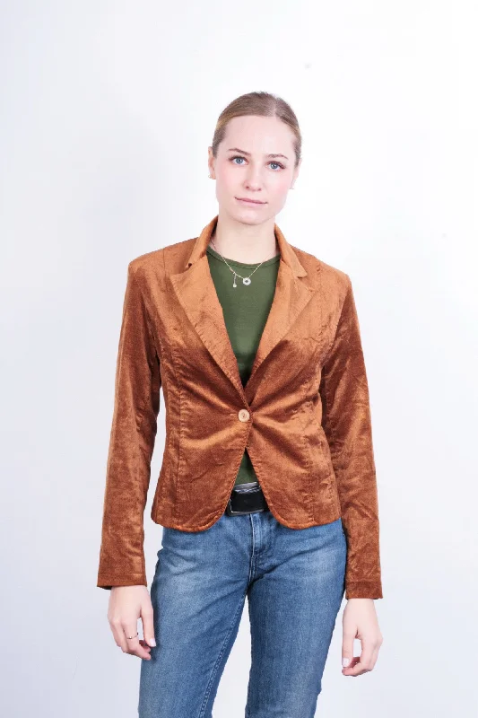 classic camel coat for ladies -Rinascimento Womens S Blazer Shiny Brown Cotton Italy Top Suit