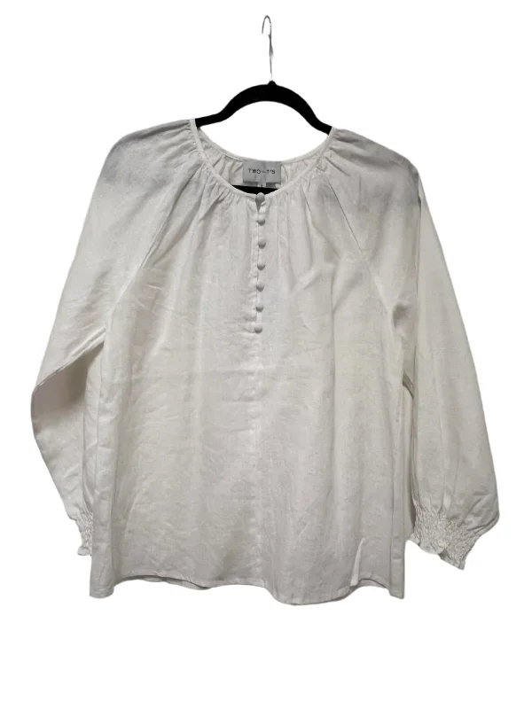 modern high-low hem top for ladies -Linen Button Front Top - White