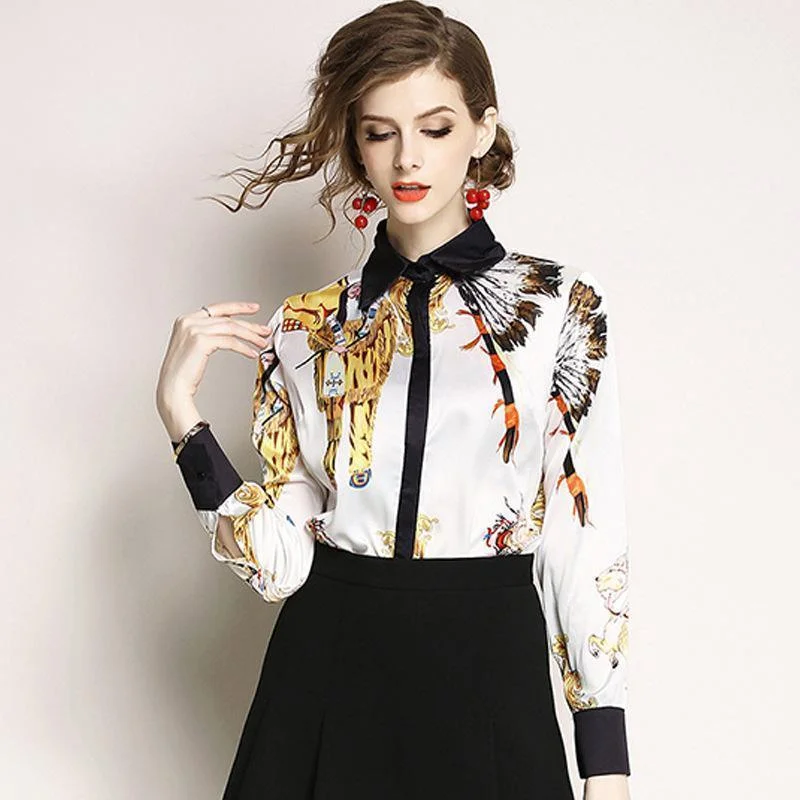 chic layered ruffle top for ladies -Printed Chiffon Women Shirts