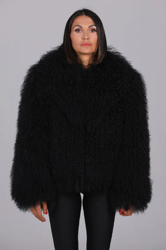 women's thermal long coat -Mongolia shearling Coat black