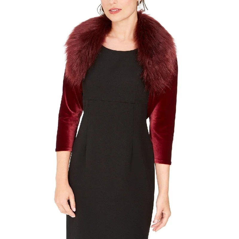 professional work blazer for women -Tahari ASL Women's Velvet Faux-Fur-Collar Shrug Red Size Medium