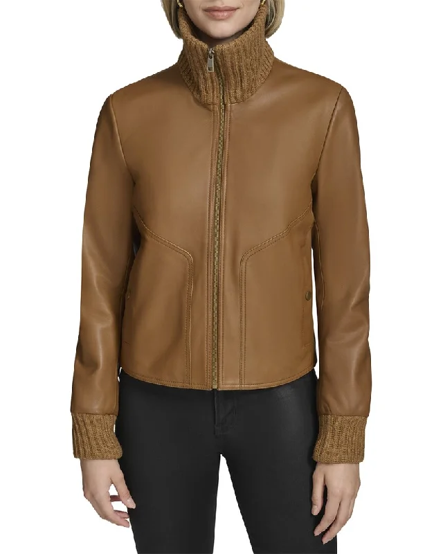 women's cropped bomber jacket -Andrew Marc Black Label Beatrix Rib-Knit Trimmed Leather Jacket