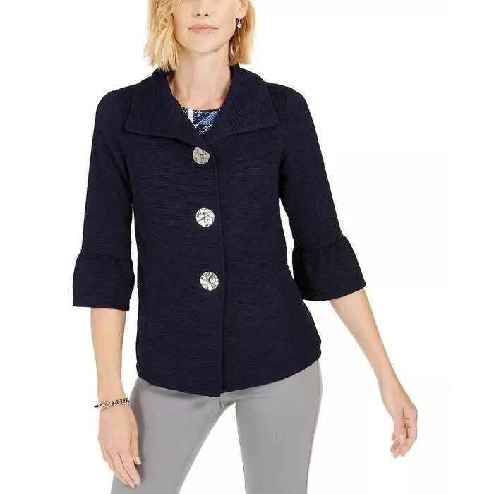 trendy plaid coat for women -JM Collection Women's Textured Bell-Sleeve Jacket Dark Blue Size Medium