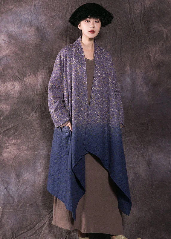 cozy oversized wrap coat for women -Boho Blue Print Pockets Fine Cotton Filled Winter wrap coat