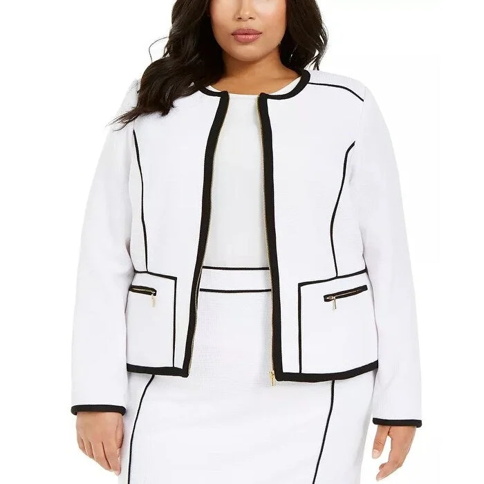 winter-ready women's parka -Calvin Klein Women's Contrast Piping Zip-Up Jacket White Size 22W