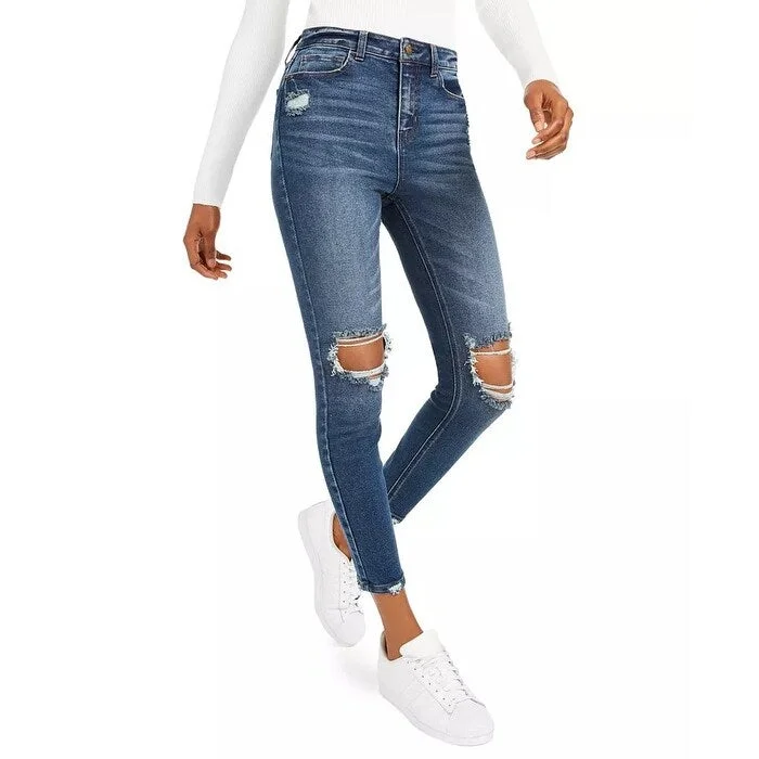 ladies' ankle-length skinny jeans -Vanilla Star Junior's High Rise Distressed Skinny Jeans Navy Size 5