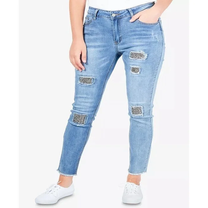 women's mid-rise casual denim -NY Collection Women's Plus Size Distressed Skinny Jeans Navy Size Petite Small - Petite Small