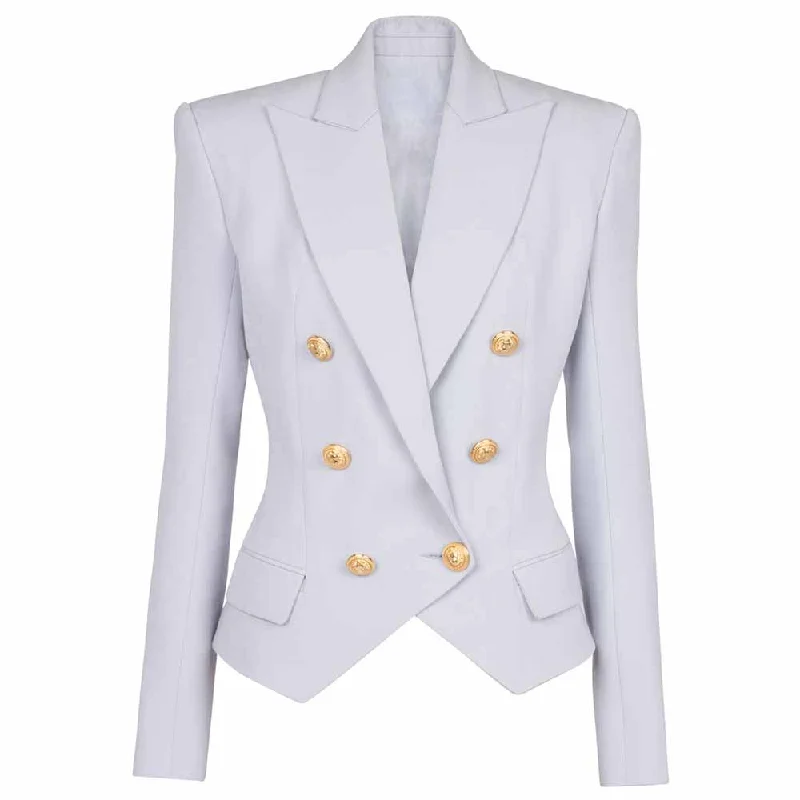 women's hooded winter jacket -Women's Golden Lion Buttons Loose Fitted Blazer Jacket Lavender/ Ivory/ Black