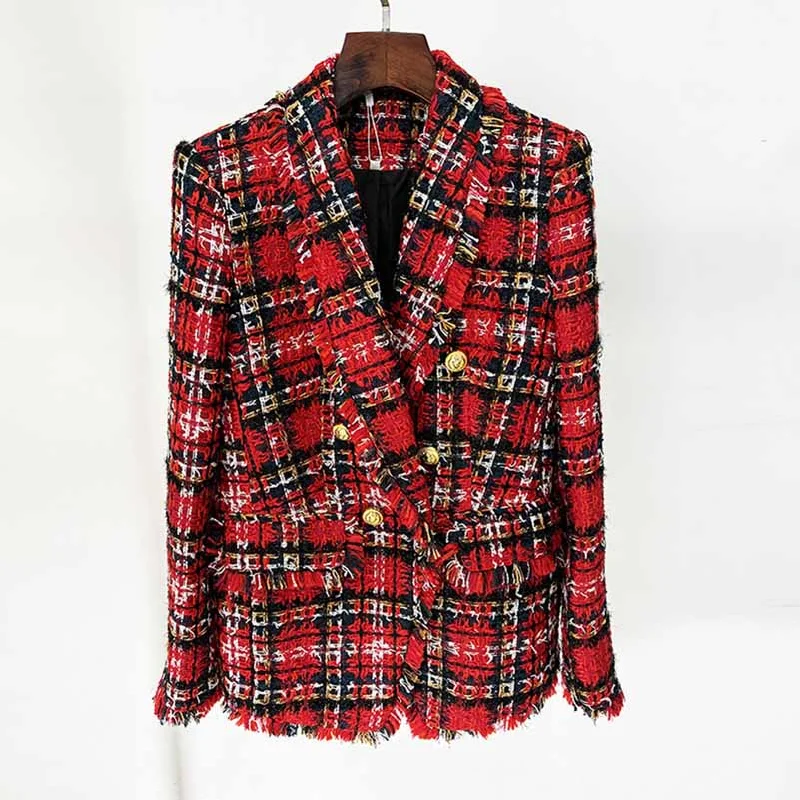 military-style coat for women -Red Check Tweed Blazer Double Breasted Plaid Coat