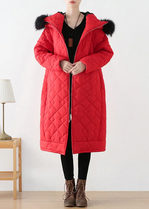 ladies' lightweight anorak coat -Plus Size Red Zippered Thick Hooded Long Parka Winter