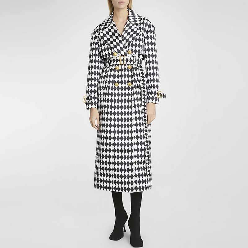 ladies' designer overcoat -Women's Black and White Belted Trench Coat