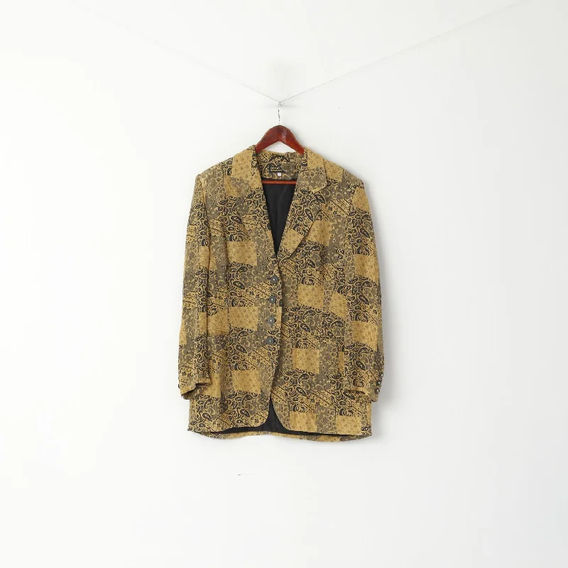 women's fur-trimmed parka -Creation Charmante Women 46 XL Blazer Gold Viscose Printed Barocco Single Breasted Top