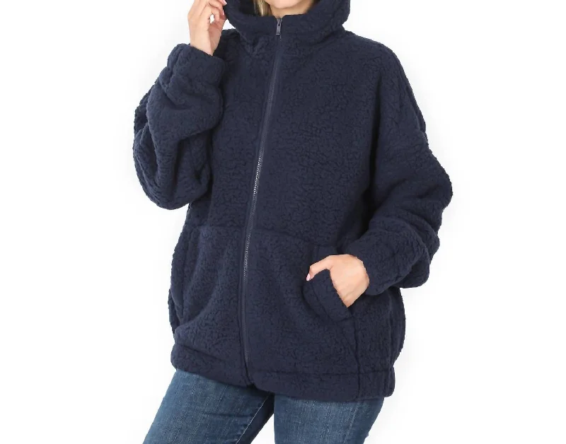 professional work blazer for women -Sherpa Hooded Zipper Jacket In Navy