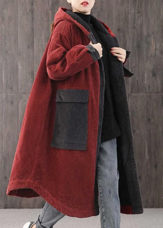 military-style coat for women -Elegant Red hooded Pockets Button Winter Coat Long sleeve