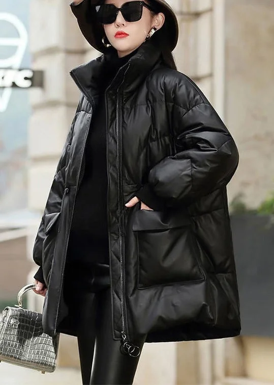 breathable softshell jacket for women -French Black Cinched Sheepskin Duck Down Filled Down Jacket Winter