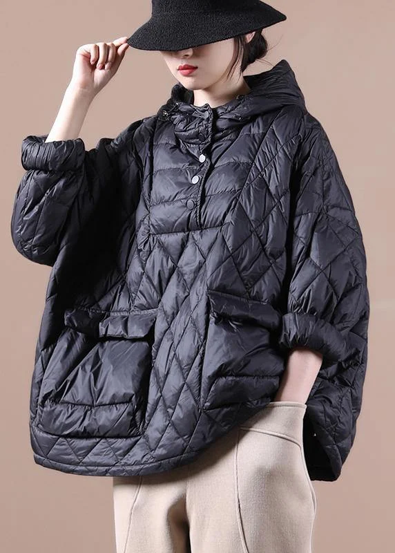 ladies' cashmere overcoat -2024 Loose Fitting Winter Puffer Jacket Hooded Black Down Coat