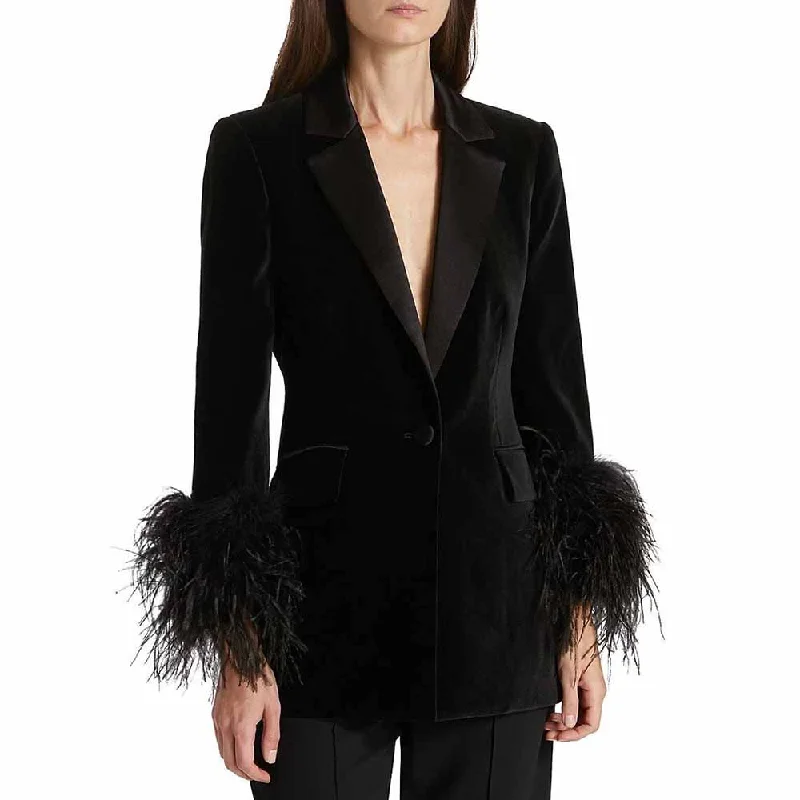 women's travel-friendly jacket -Women's Long Sleeve Black Feather Blazer