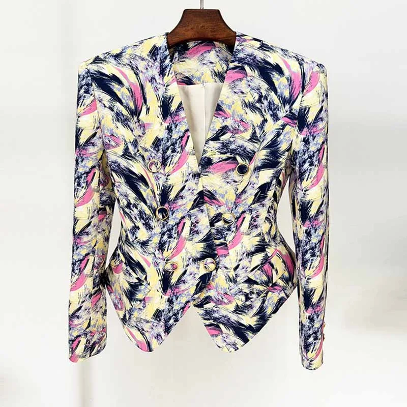 women's lightweight jacket -Women Feather Multicolor Print Blazer 6 Buttons Jacket