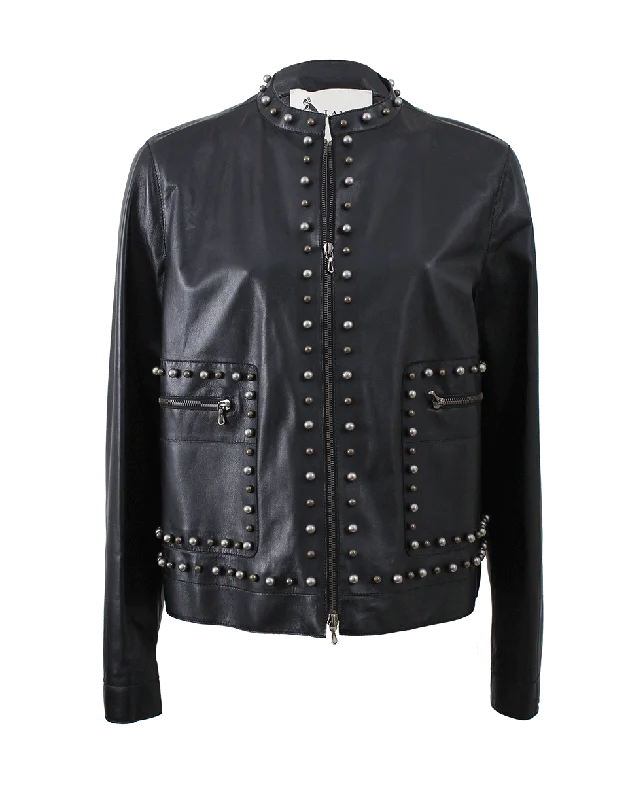 women's mid-length wool coat -Stud Detail Leather Jacket