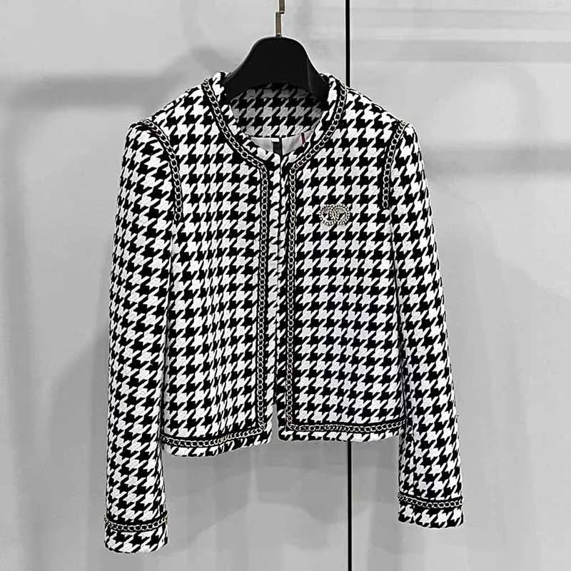 sporty track jacket for women -Women's Black and White Checked Cardigan Chic Coat