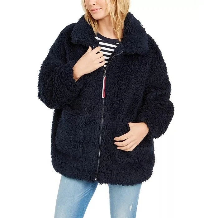 casual zip-up hoodie jacket for women -Tommy Hilfiger Women's Sherpa Coat Navy Size X-Large - XL