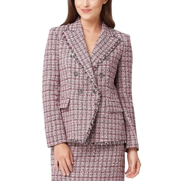 women's mid-length wool coat -Tahari A SL Women's Fringed Trim Tweed Jacket Medium Pink Size 16 Petite - 16 Petite