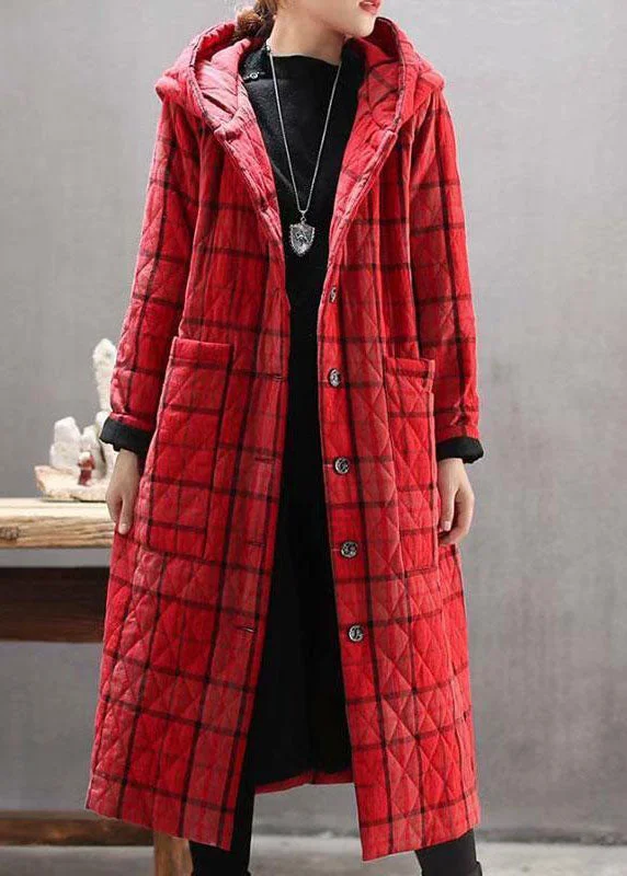 women's biker-style leather jacket -Bohemian Red Hooded Plaid Pockets Fine Cotton Filled Long Coat Outwear Winter