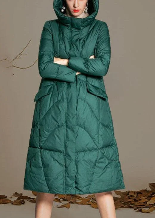 sleek minimalist coat for women -Fitted Green hooded zippered Winter Duck Down down coat