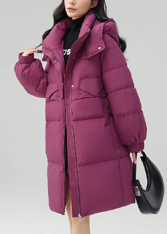 urban style cropped puffer jacket -Rose Button Patchwork Duck Down Coat Hooded Long Sleeve