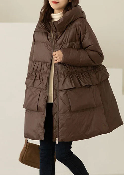 waterproof windproof raincoat for women -Coffee Pockets Duck Down Down Coats Hooded Winter