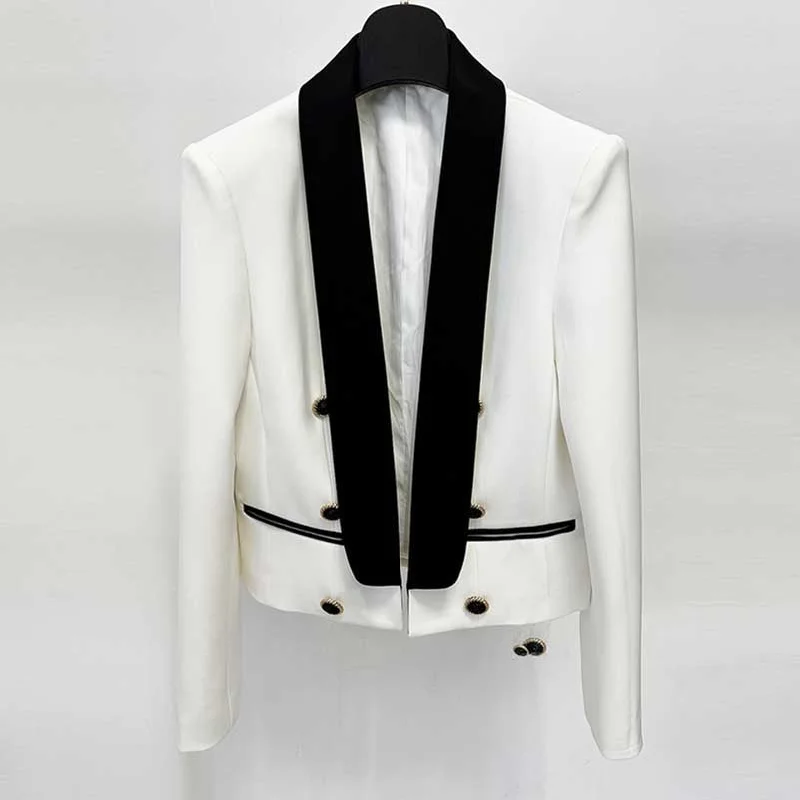 luxury designer winter coat for women -Satin Lapel Open Jacket 6-Button Black Collar Blazer