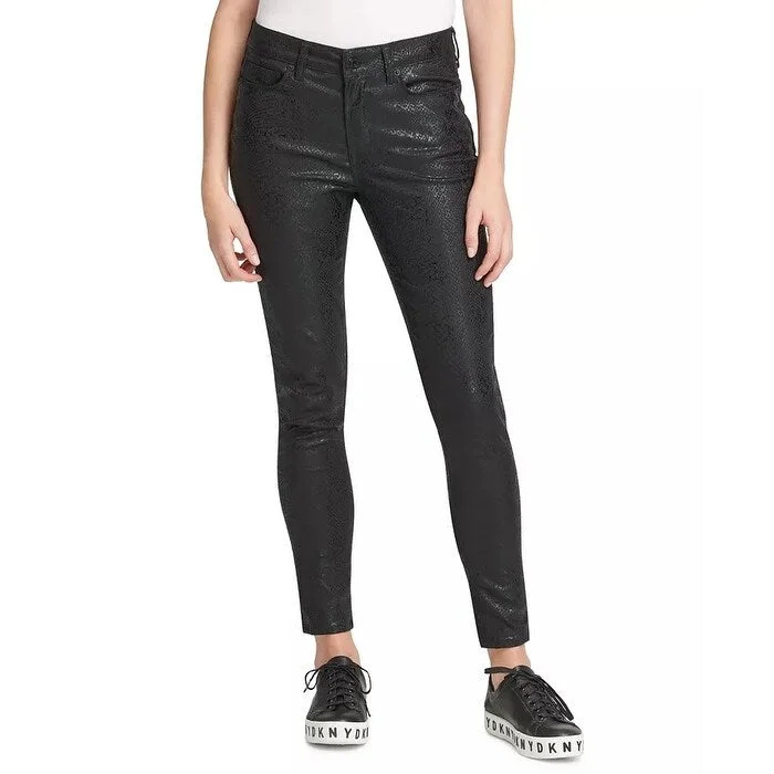 women's distressed high-waisted denim -DKNY Women's Coated Snake-Embossed Everywhere Skinny Jeans Black Size 24